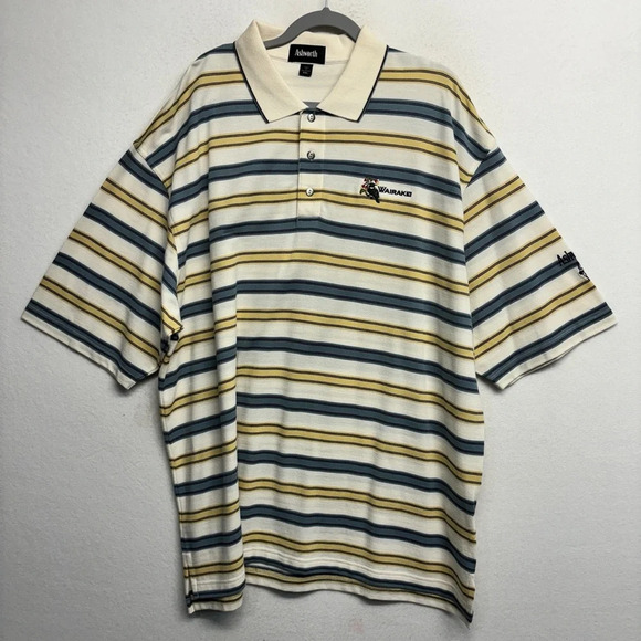 Ashworth Stripe Golf Polo Shirt XXL Cream Blue Striped Wairakei Embroidered - Picture 1 of 8